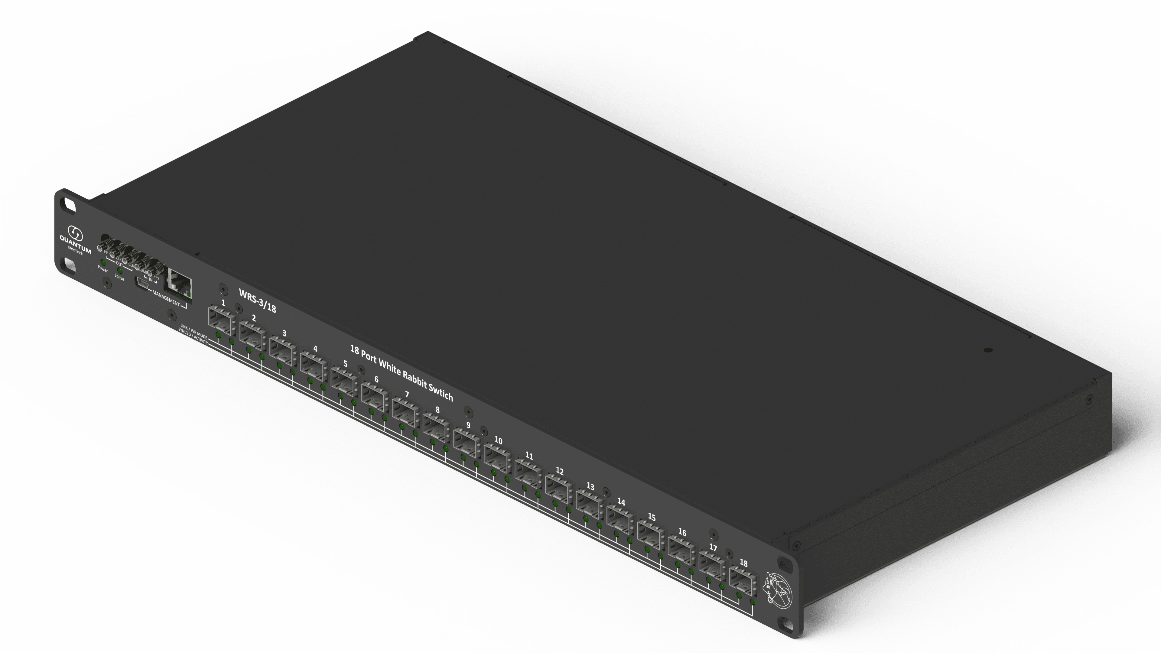 Creotech Quantum S.A.’s rack-mounted WRS-3/18 White Rabbit switch, showing its 18 network ports.